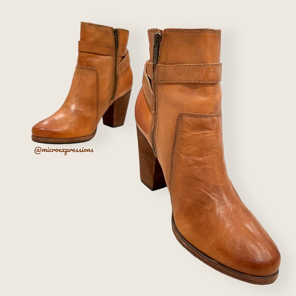 $379 Frye Patty Tan Brown Leather Belt Cute Almond Toe Fall/Winter Ankle Booties - Picture 15 of 16
